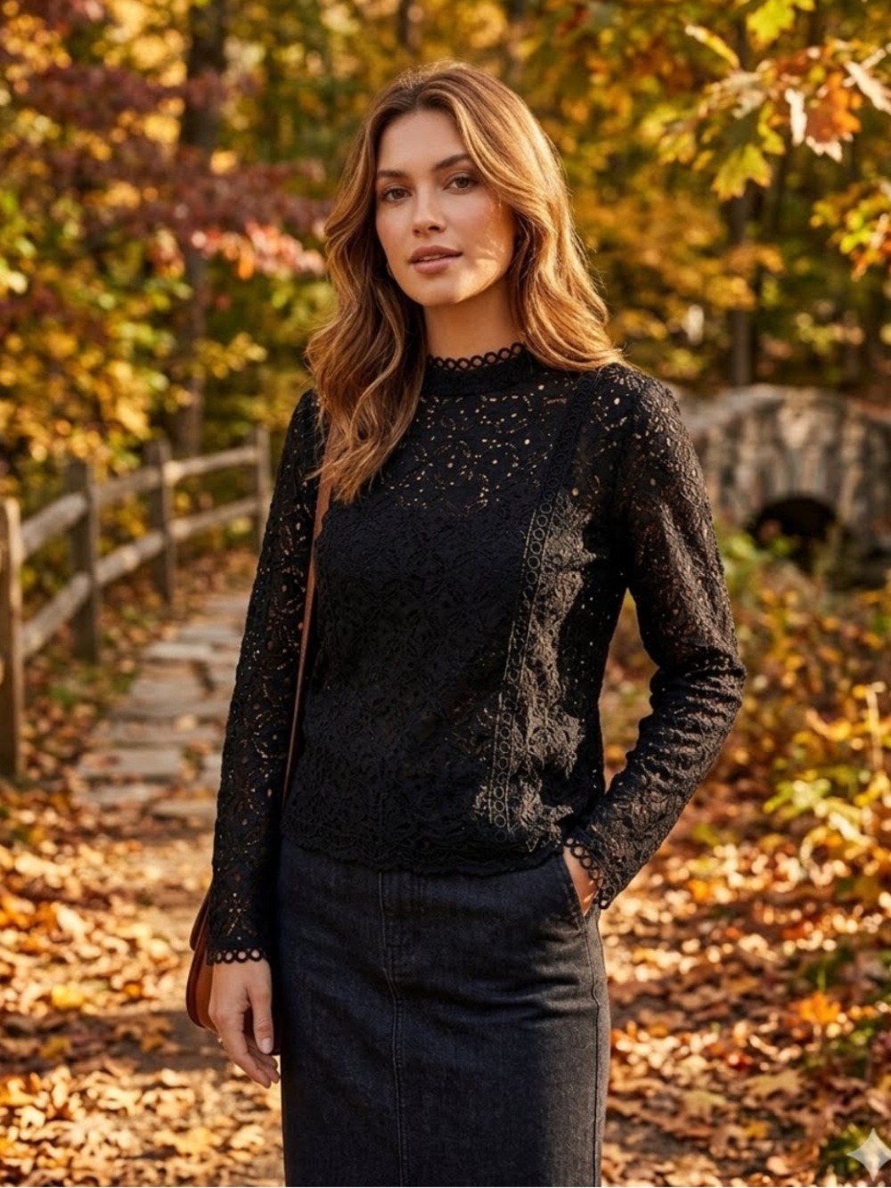 Cable & Gauge Black Lace Mock Neck Long Sleeve Top Blouse L